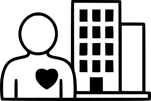 Daylight for all - Piktogramm: Spenden für Unternehmen. Eine schwarze Silhouette einer Person, links davon ein schwarzes Herz und rechts ein abstraktes schwarzes Gebäude, die gemeinsam das Engagement für soziale Belange von Unternehmen darstellen.